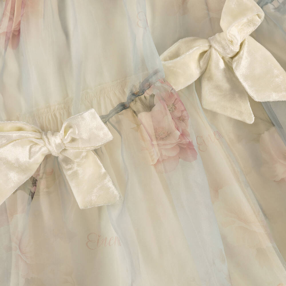 EIRENE-Girls Blue Floral Organza Dress With Bows | Childrensalon