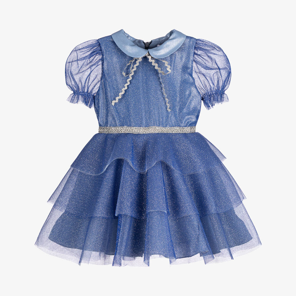 EIRENE-Girls Blue Glittery Tulle Dress with Silver Tie Bow | Childrensalon