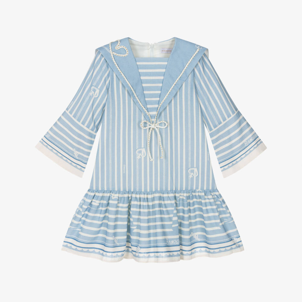 EIRENE-فستان مقلم بتصميم بحري لون أزرق وأبيض للبنات | Childrensalon