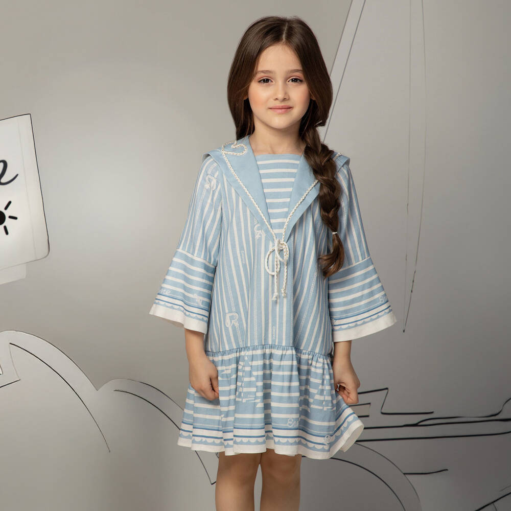 EIRENE-Girls Blue & Ivory Stripe Sailor Dress | Childrensalon