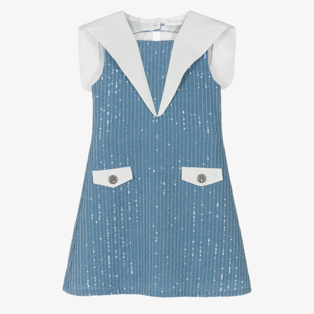 EIRENE-Girls Blue Sequinned Sailor Dress | Childrensalon