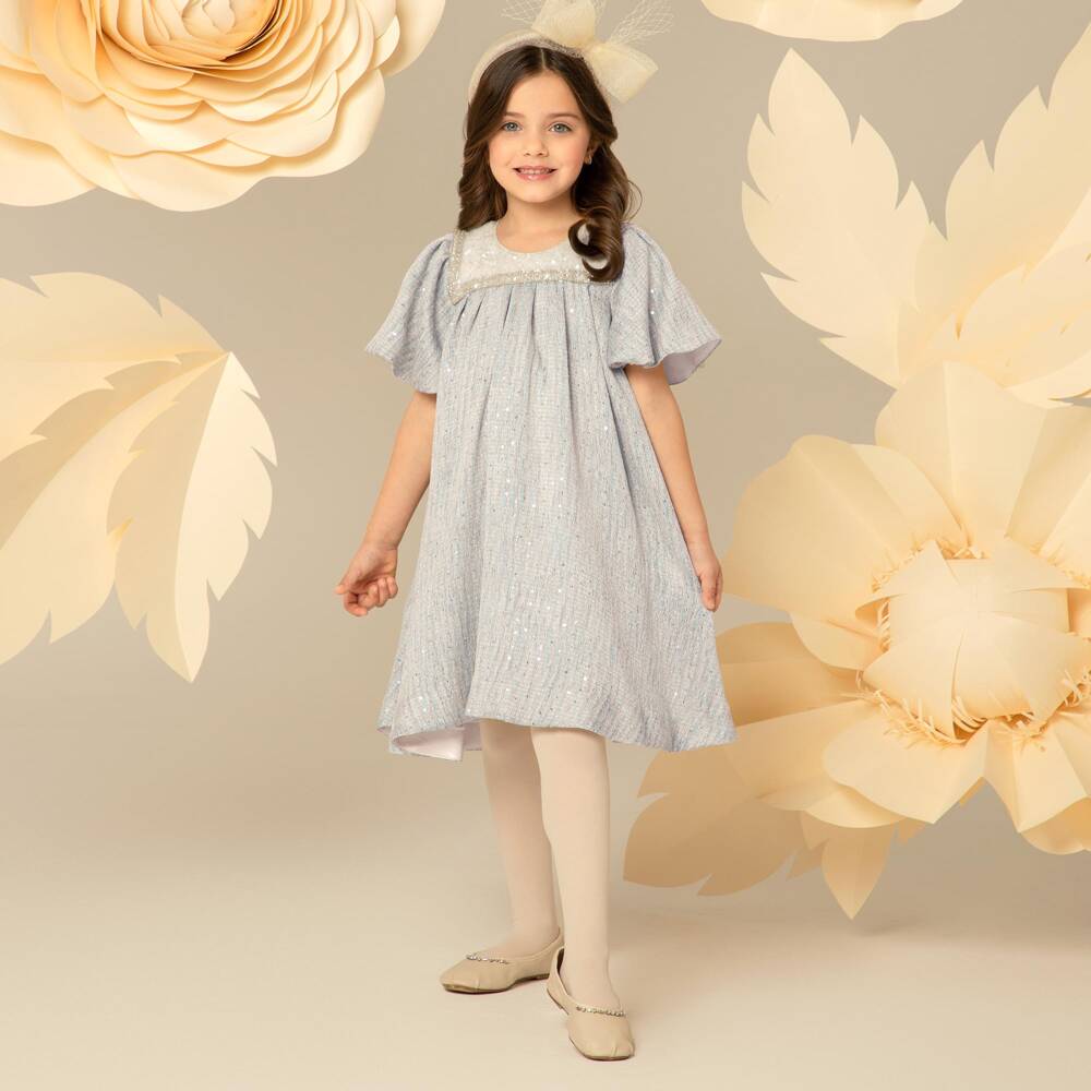 EIRENE-Girls Blue & Silver Sequinned Dress | Childrensalon