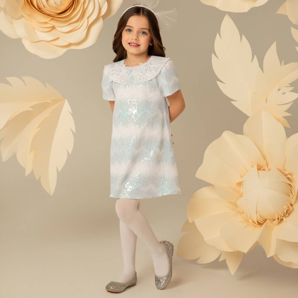 EIRENE-Girls Blue Zigzag Dress with Iridescent Sequins | Childrensalon