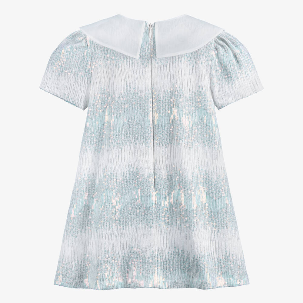 EIRENE-Girls Blue Zigzag Dress with Iridescent Sequins | Childrensalon