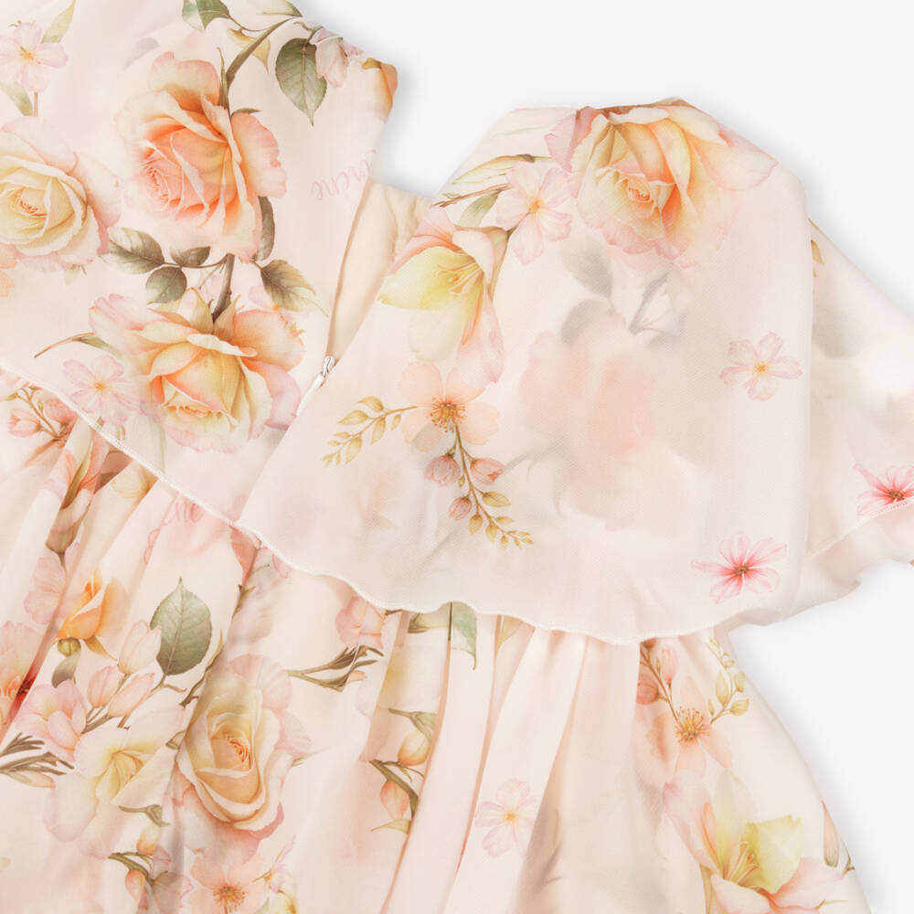 EIRENE-Girls Blush Pink Chiffon Layered Dress with Floral Print | Childrensalon