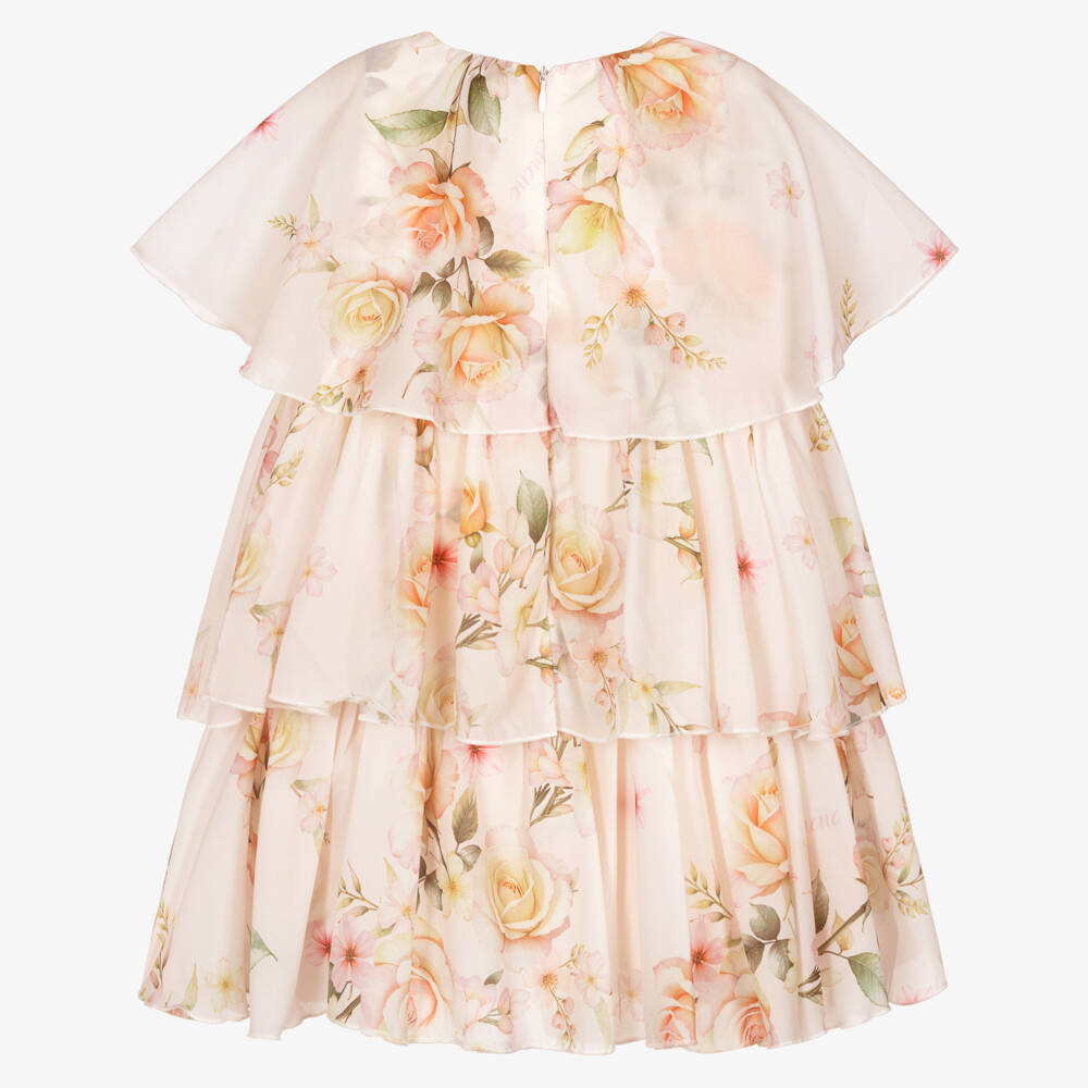 EIRENE-Girls Blush Pink Chiffon Layered Dress with Floral Print | Childrensalon