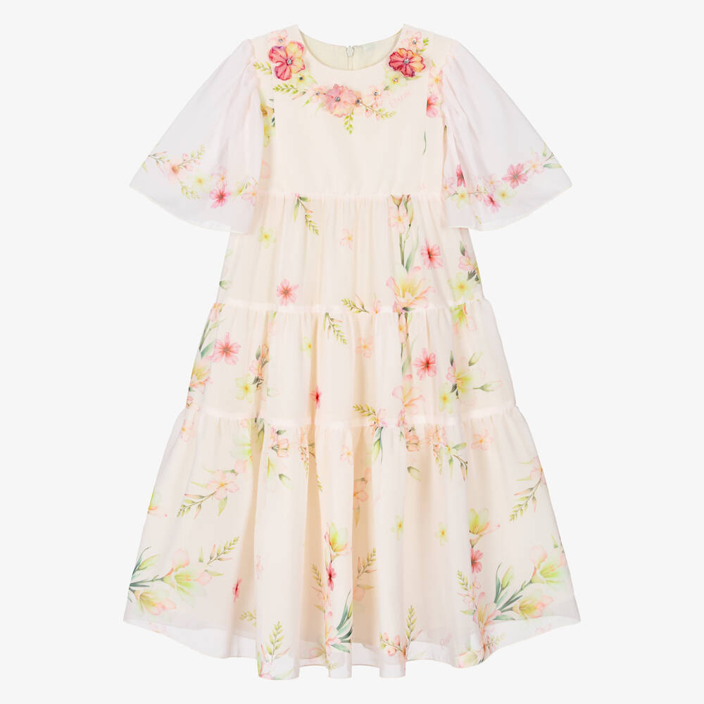 EIRENE-Girls Blush Pink Floral Chiffon Midi Dress | Childrensalon