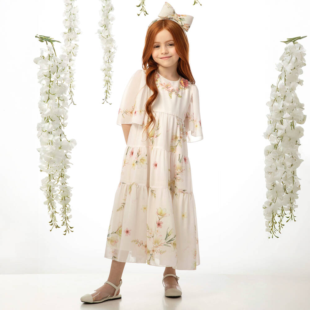EIRENE-Girls Blush Pink Floral Chiffon Midi Dress | Childrensalon