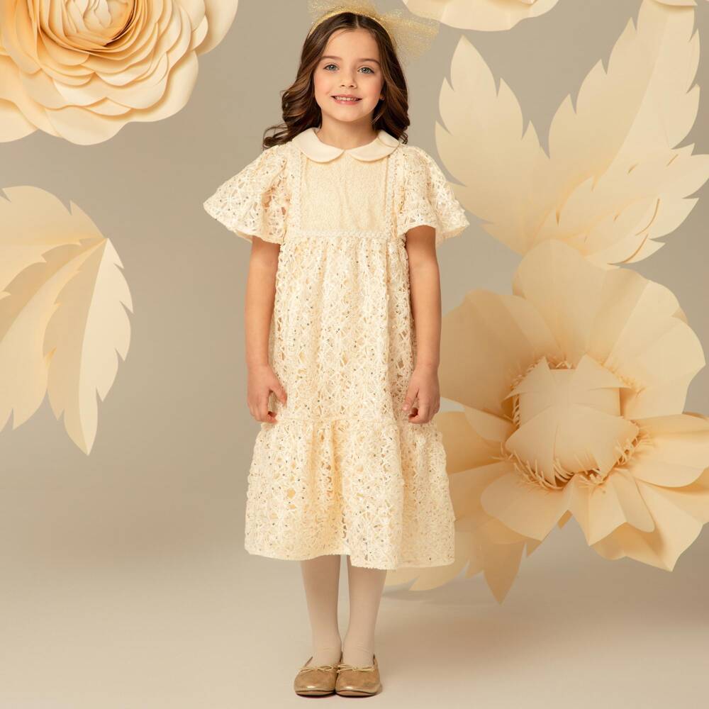 EIRENE-Girls Champagne Gold Embroidered Tulle Dress | Childrensalon