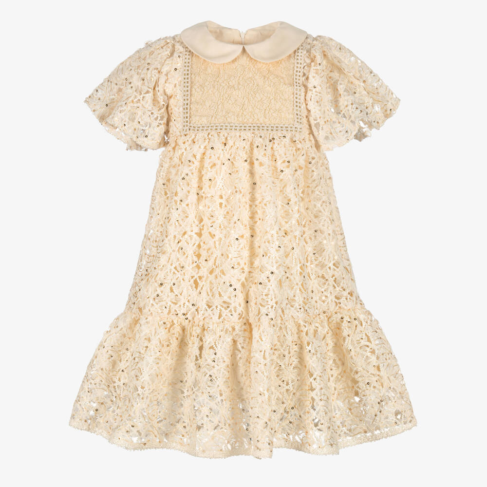 EIRENE-Girls Champagne Gold Embroidered Tulle Dress | Childrensalon