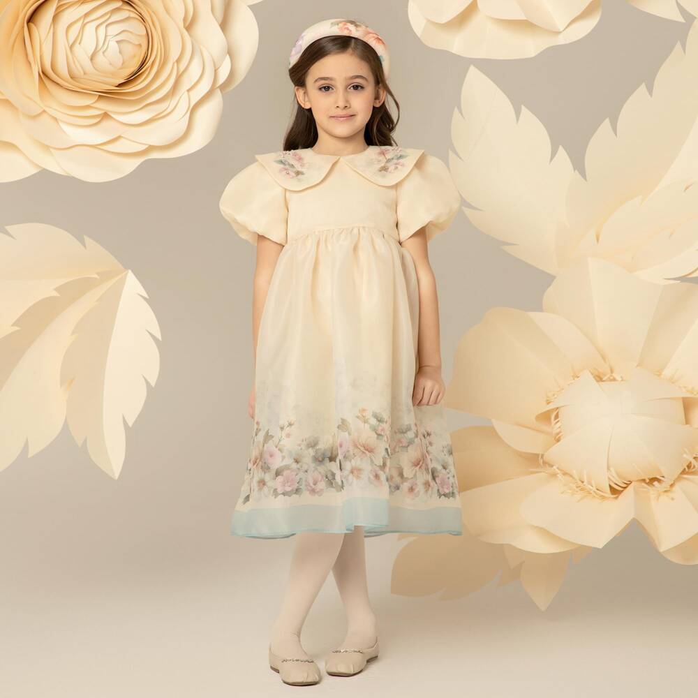 EIRENE-Girls Cream Organza Floral Dress with Oversized Collar | Childrensalon