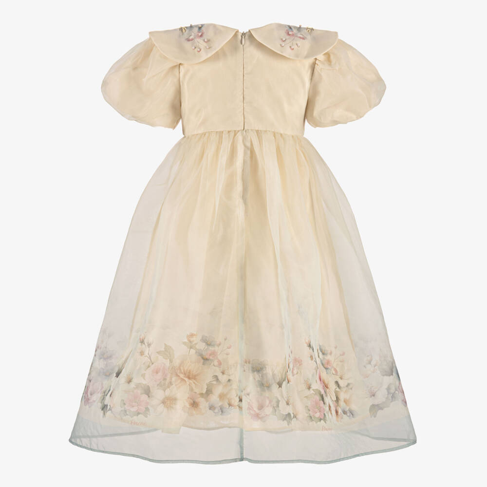 EIRENE-Girls Cream Organza Floral Dress with Oversized Collar | Childrensalon