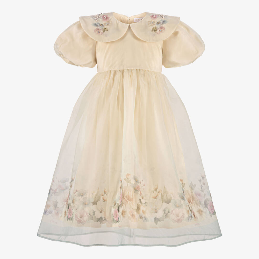 EIRENE-Girls Cream Organza Floral Dress with Oversized Collar | Childrensalon