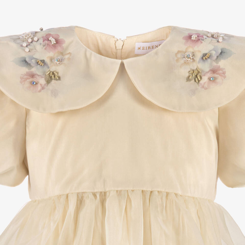 EIRENE-Girls Cream Organza Floral Dress with Oversized Collar | Childrensalon