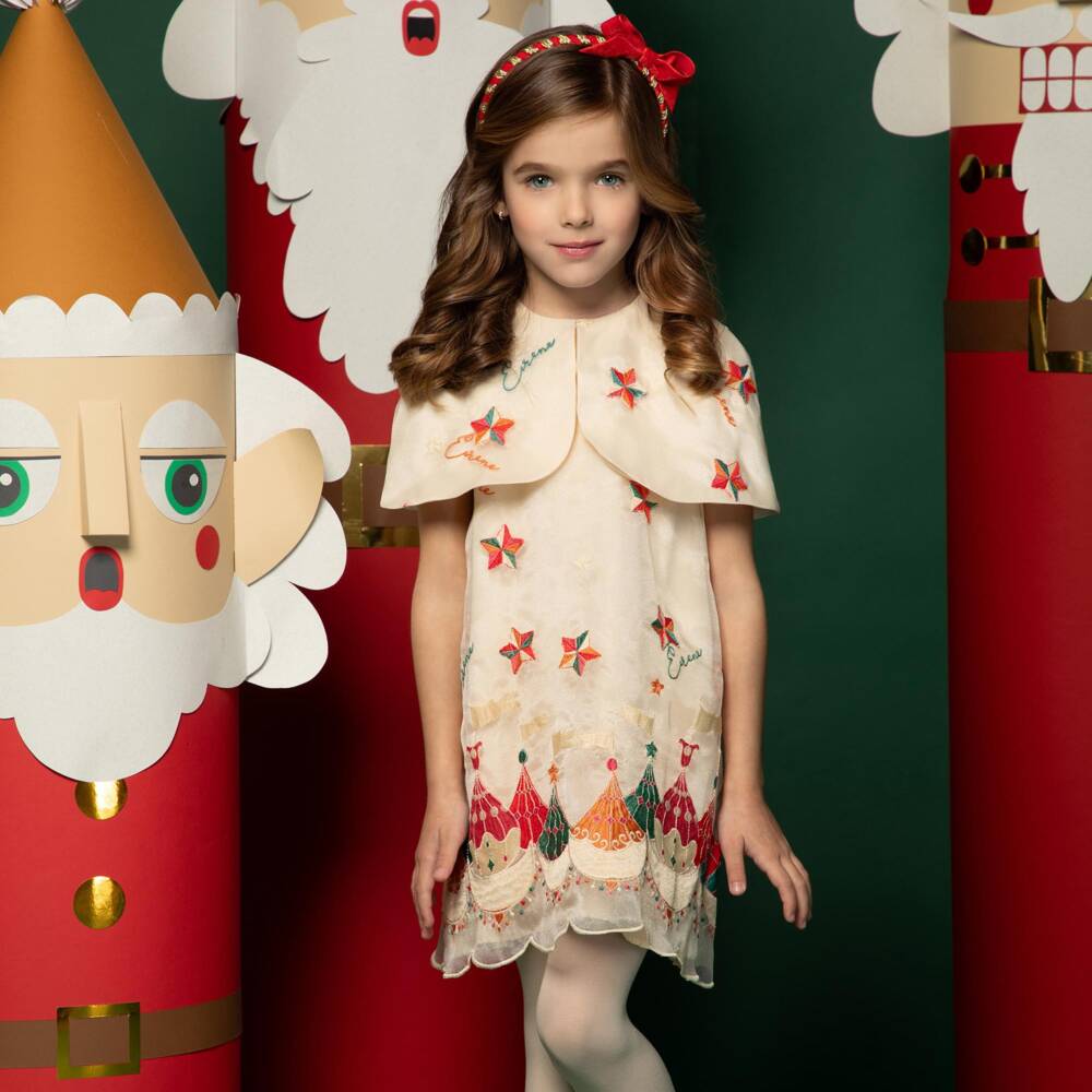 EIRENE-Girls Festive Ivory Organza Dress with Cape Collar | Childrensalon