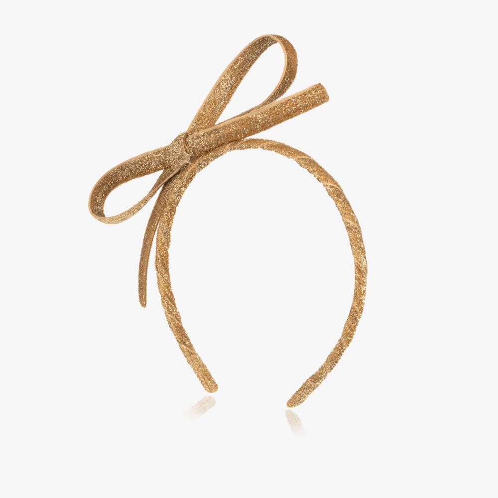 EIRENE-Girls Glittery Gold Bow Hairband | Childrensalon