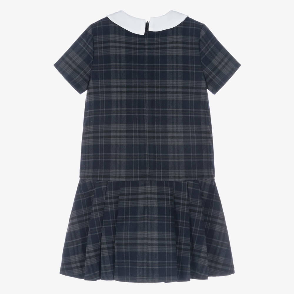 EIRENE-Girls Grey & Blue Check Dress with White Collar | Childrensalon