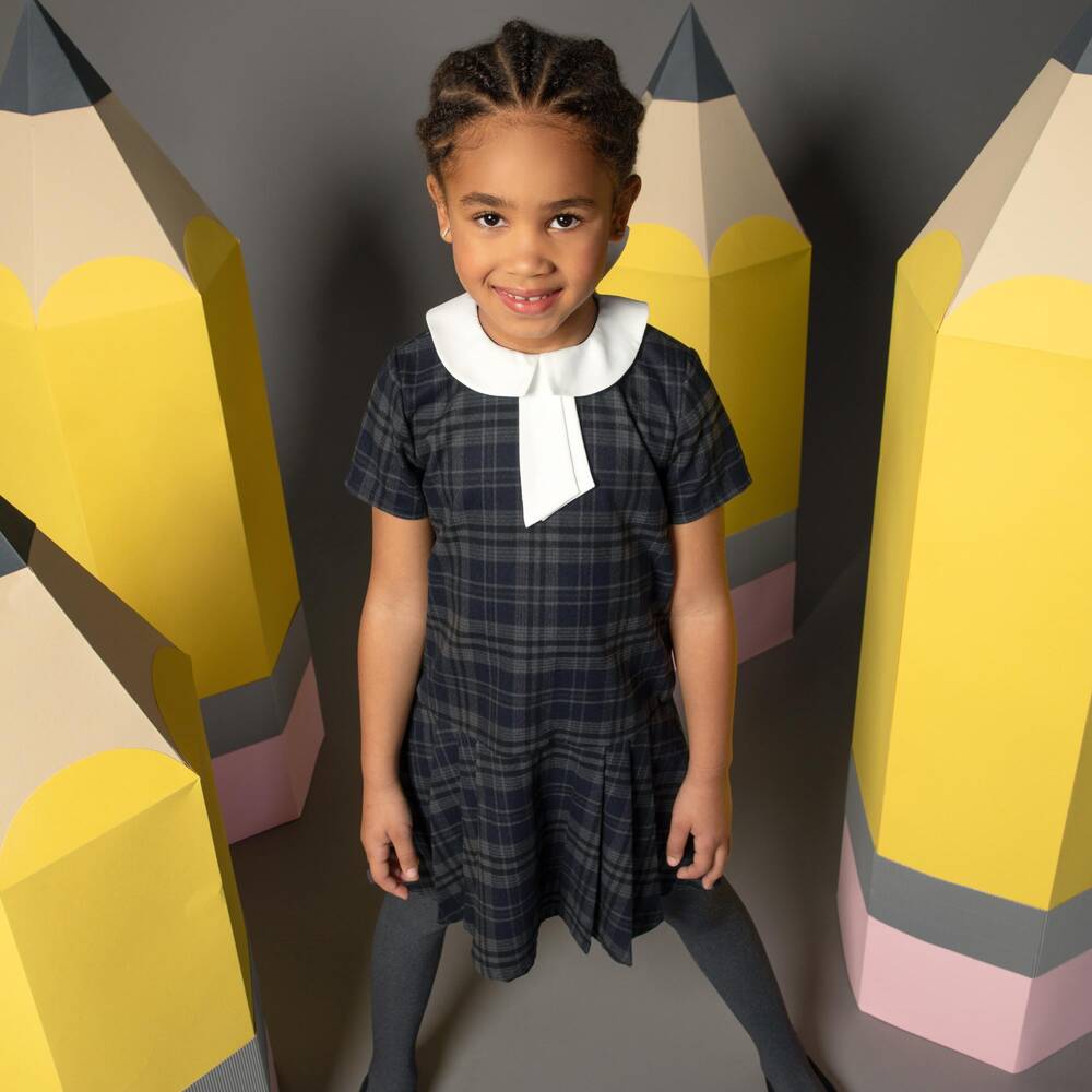 EIRENE-Girls Grey & Blue Check Dress with White Collar | Childrensalon
