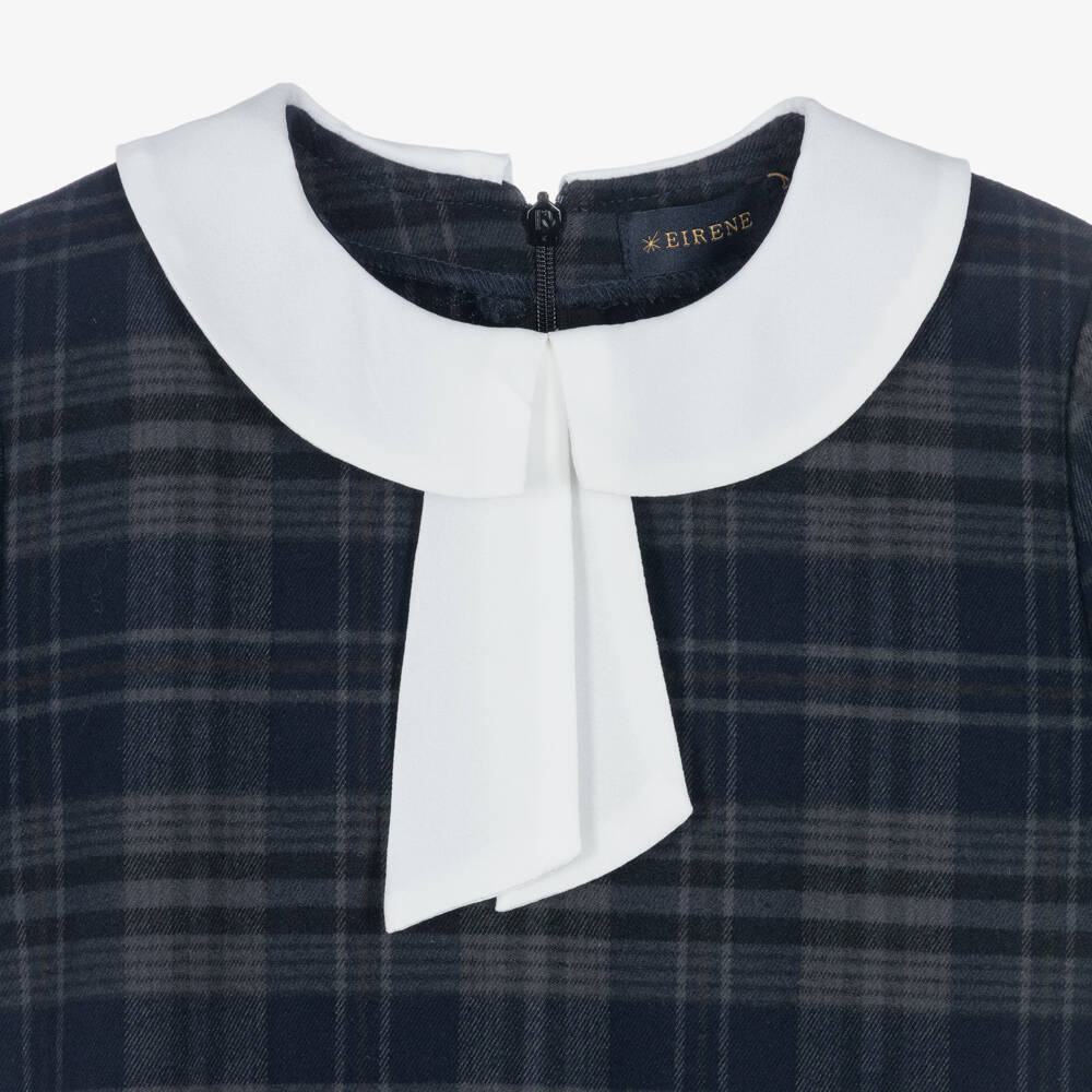 EIRENE-Girls Grey & Blue Check Dress with White Collar | Childrensalon