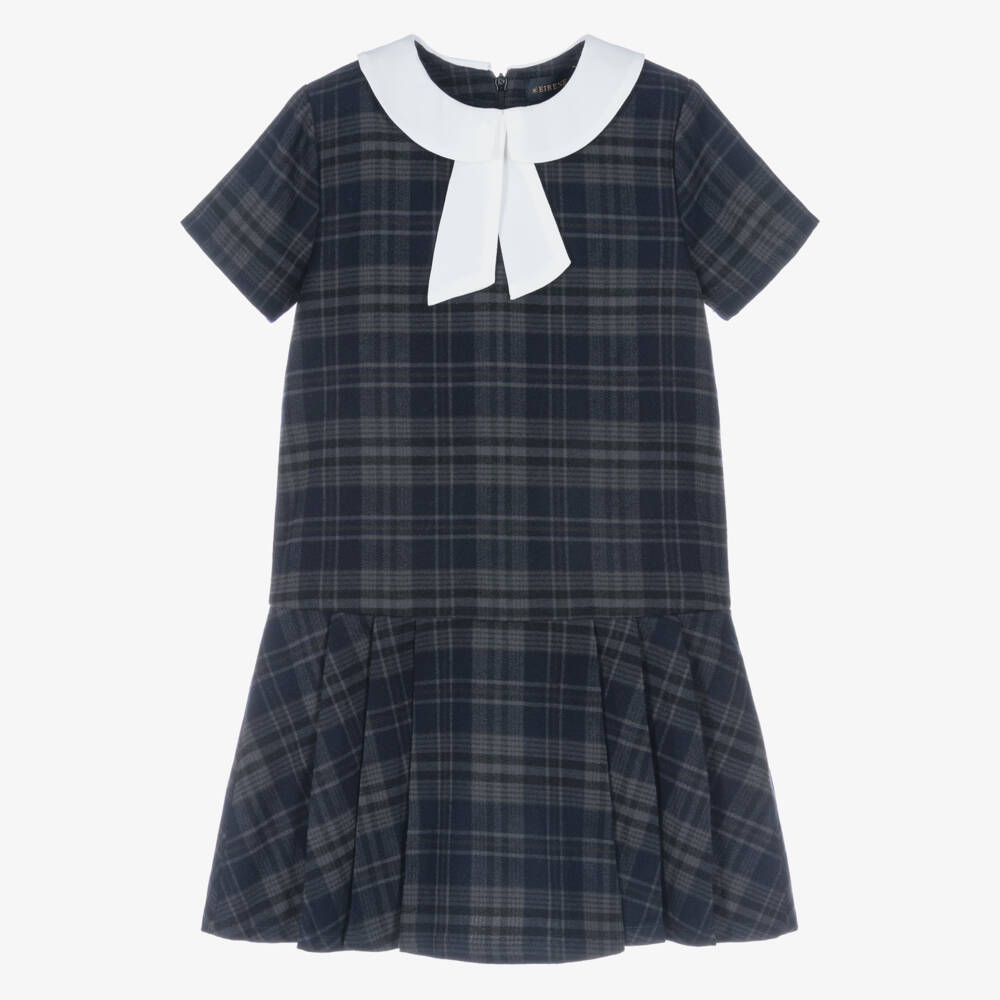 EIRENE-Girls Grey & Blue Check Dress with White Collar | Childrensalon