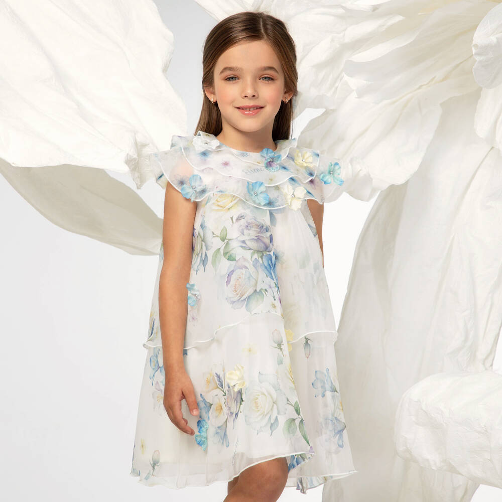 EIRENE-Girls Ivory & Blue Floral Print Organza Dress | Childrensalon