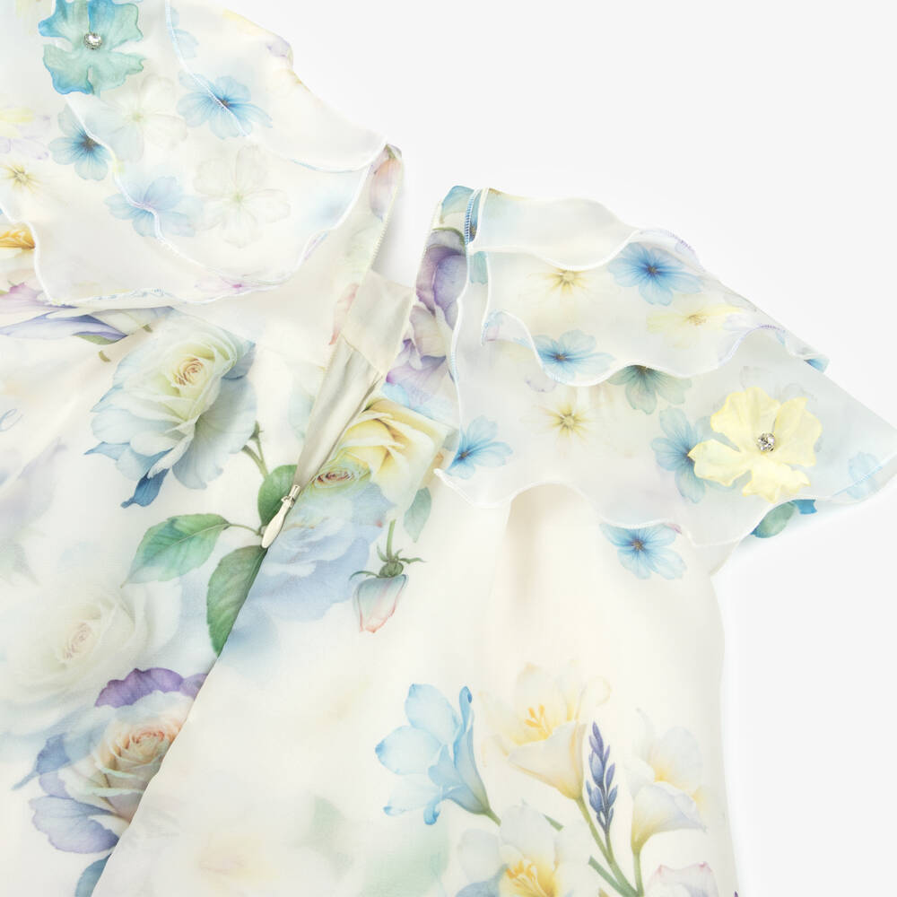 EIRENE-Girls Ivory & Blue Floral Print Organza Dress | Childrensalon
