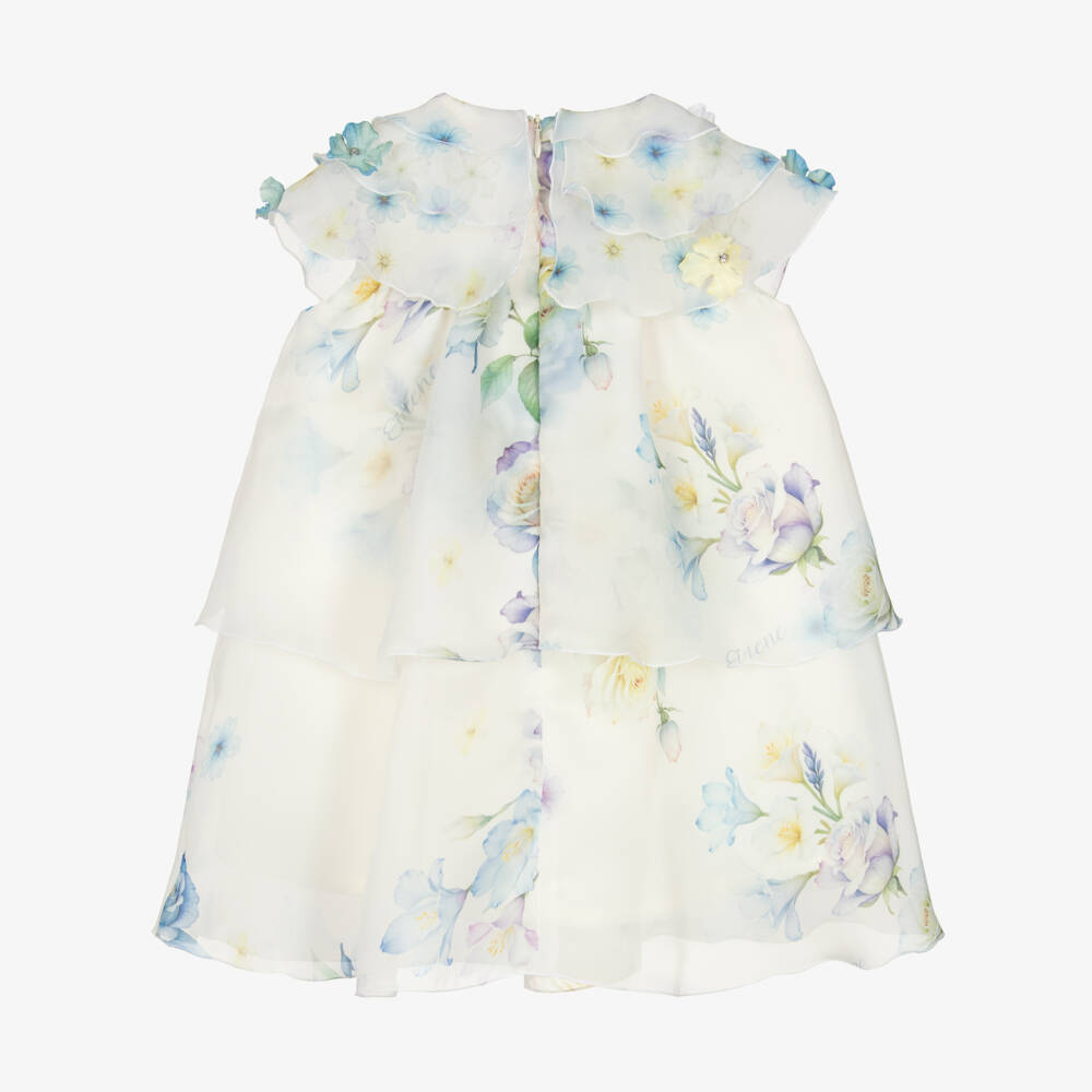 EIRENE-Girls Ivory & Blue Floral Print Organza Dress | Childrensalon