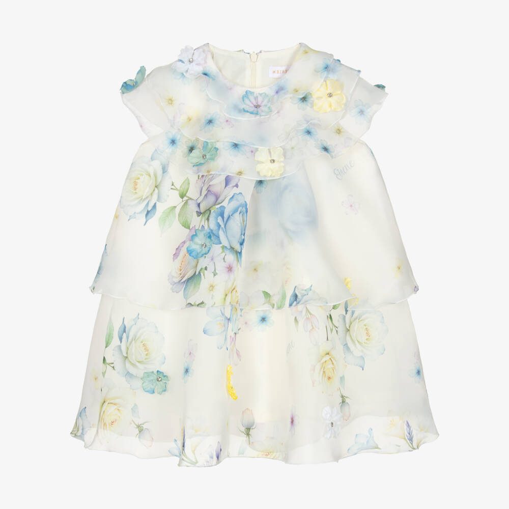 EIRENE-Girls Ivory & Blue Floral Print Organza Dress | Childrensalon