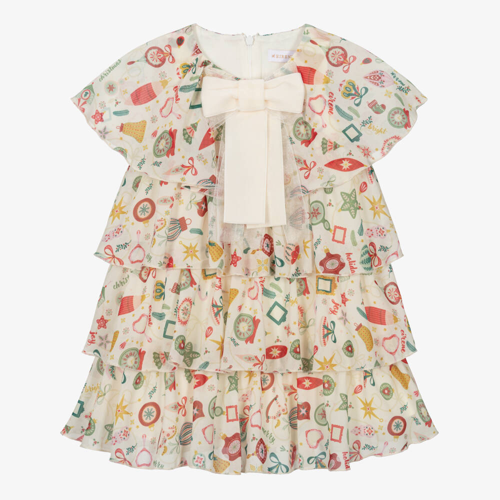 EIRENE-Girls Ivory Chiffon Bauble Print Tiered Dress | Childrensalon