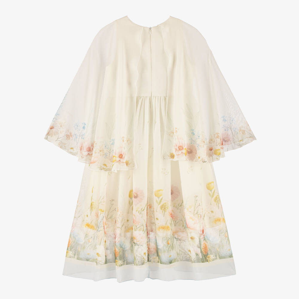 EIRENE-Girls Ivory Chiffon Floral Print Cape Dress | Childrensalon