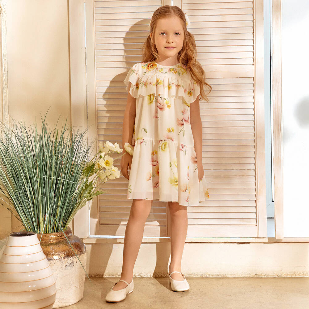 EIRENE-Girls Ivory Chiffon Floral Print Ruffle Dress | Childrensalon