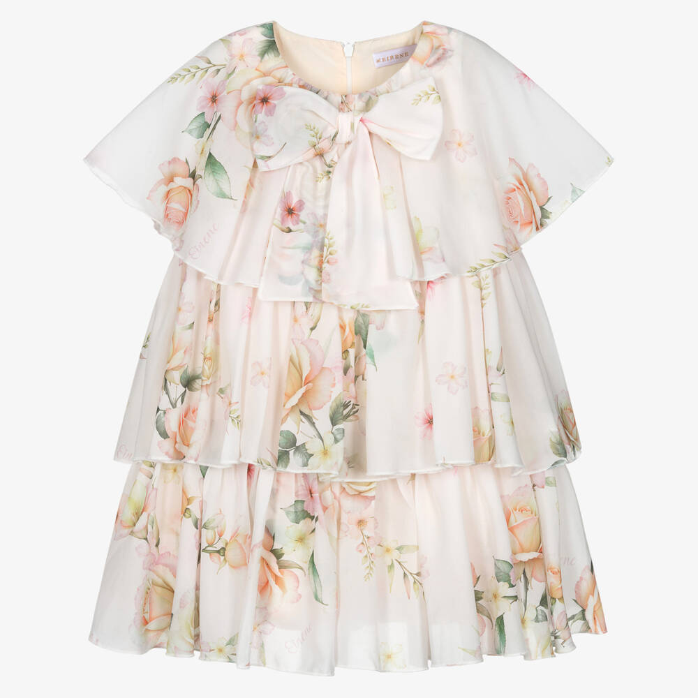 EIRENE-Girls Ivory Chiffon Layered Dress with Floral Print | Childrensalon