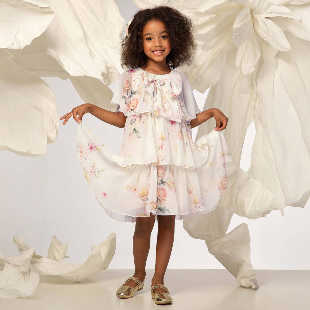 EIRENE-Girls Ivory Chiffon Layered Dress with Floral Print | Childrensalon