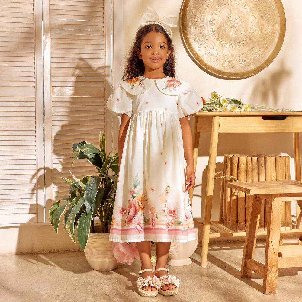 EIRENE-Girls Ivory Cotton Floral Print Dress | Childrensalon