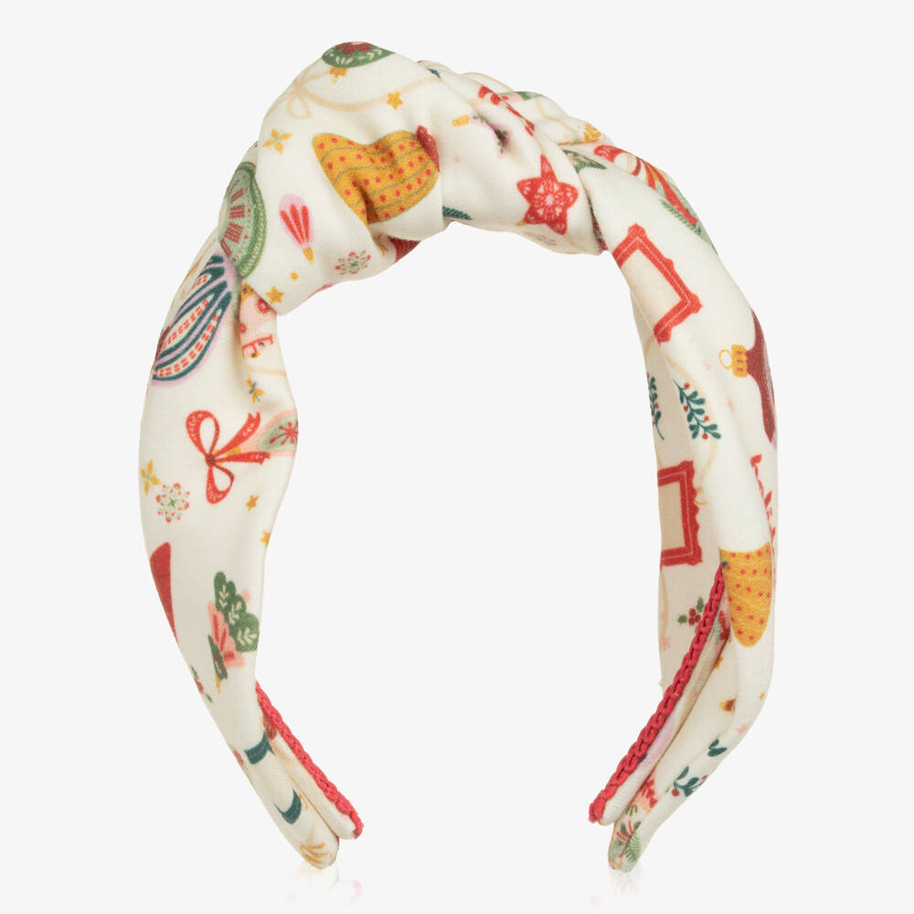 EIRENE-Girls Ivory Cotton Jersey Festive Print Hairband | Childrensalon