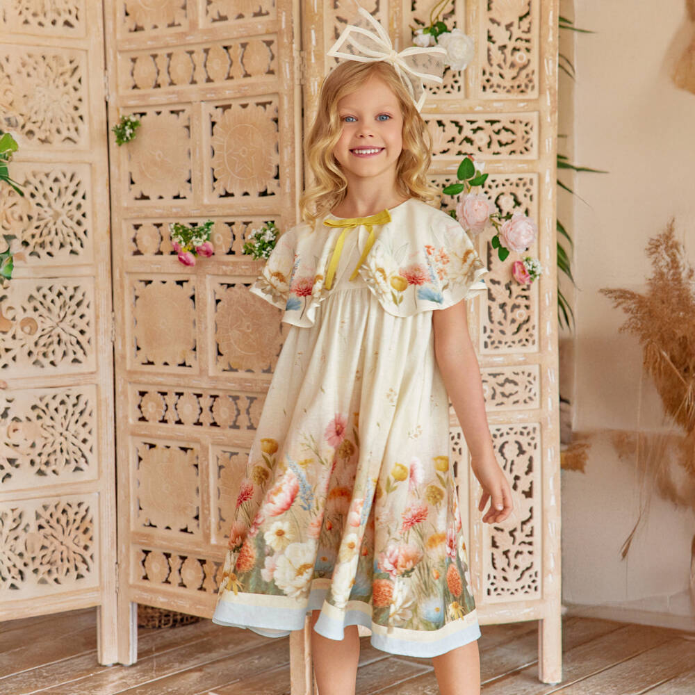 EIRENE-Girls Ivory Floral Cape Collar Dress | Childrensalon
