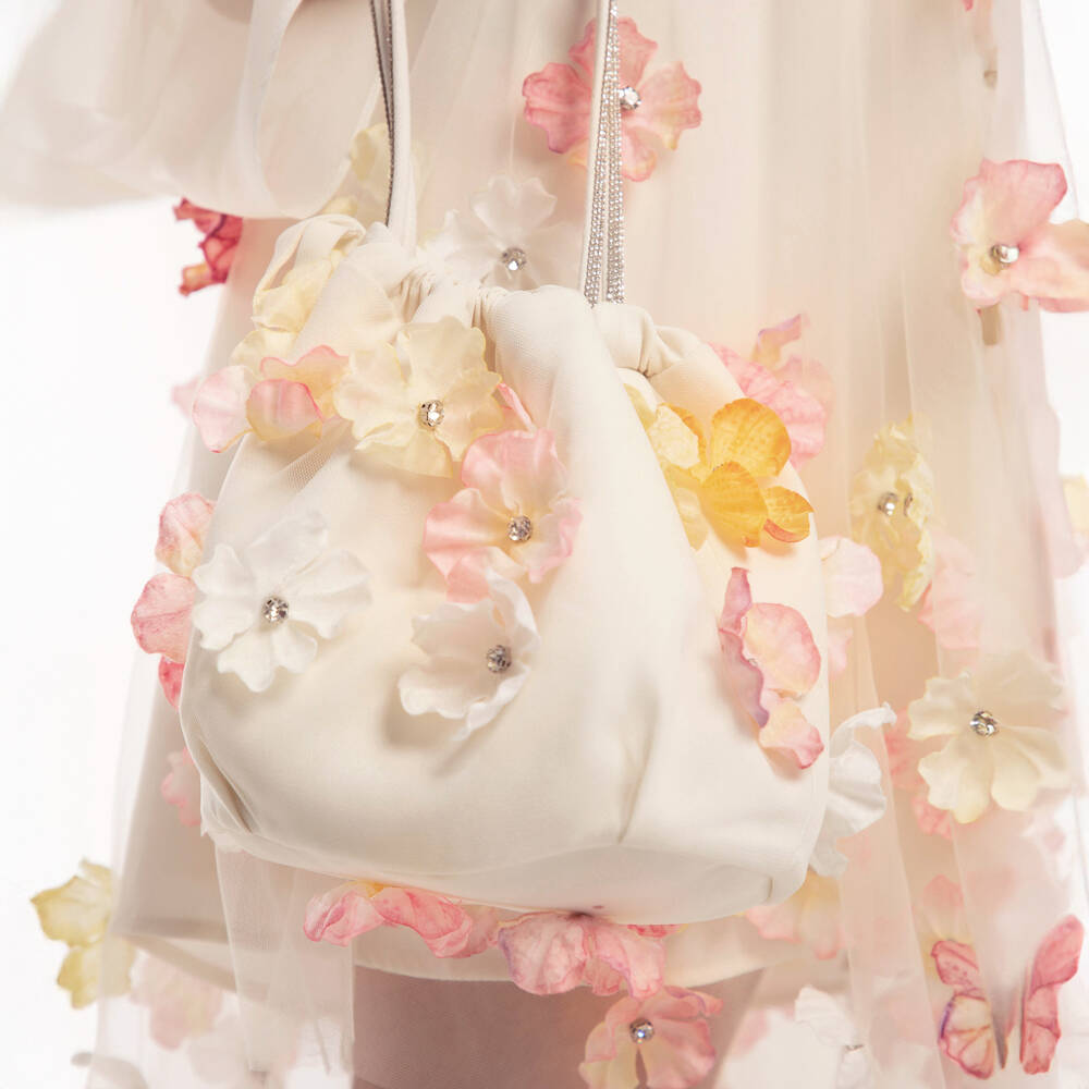 EIRENE-Girls Ivory Floral Handbag with Diamanté Handle (21cm) | Childrensalon