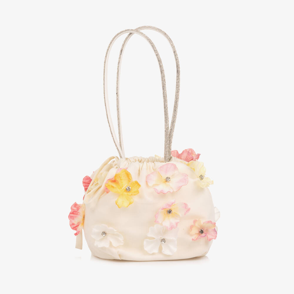 EIRENE-Girls Ivory Floral Handbag with Diamanté Handle (21cm) | Childrensalon