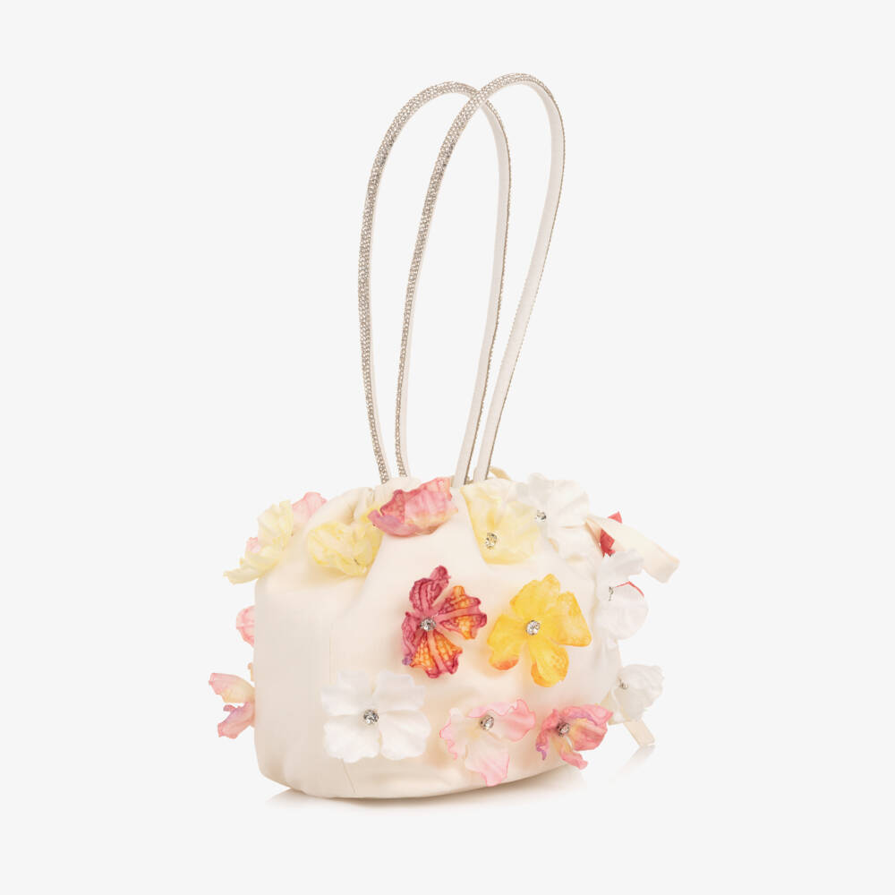 EIRENE-Girls Ivory Floral Handbag with Diamanté Handle (21cm) | Childrensalon