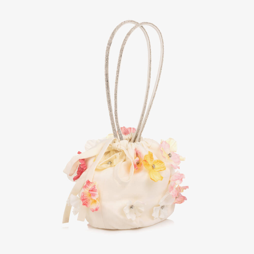 EIRENE-Girls Ivory Floral Handbag with Diamanté Handle (21cm) | Childrensalon
