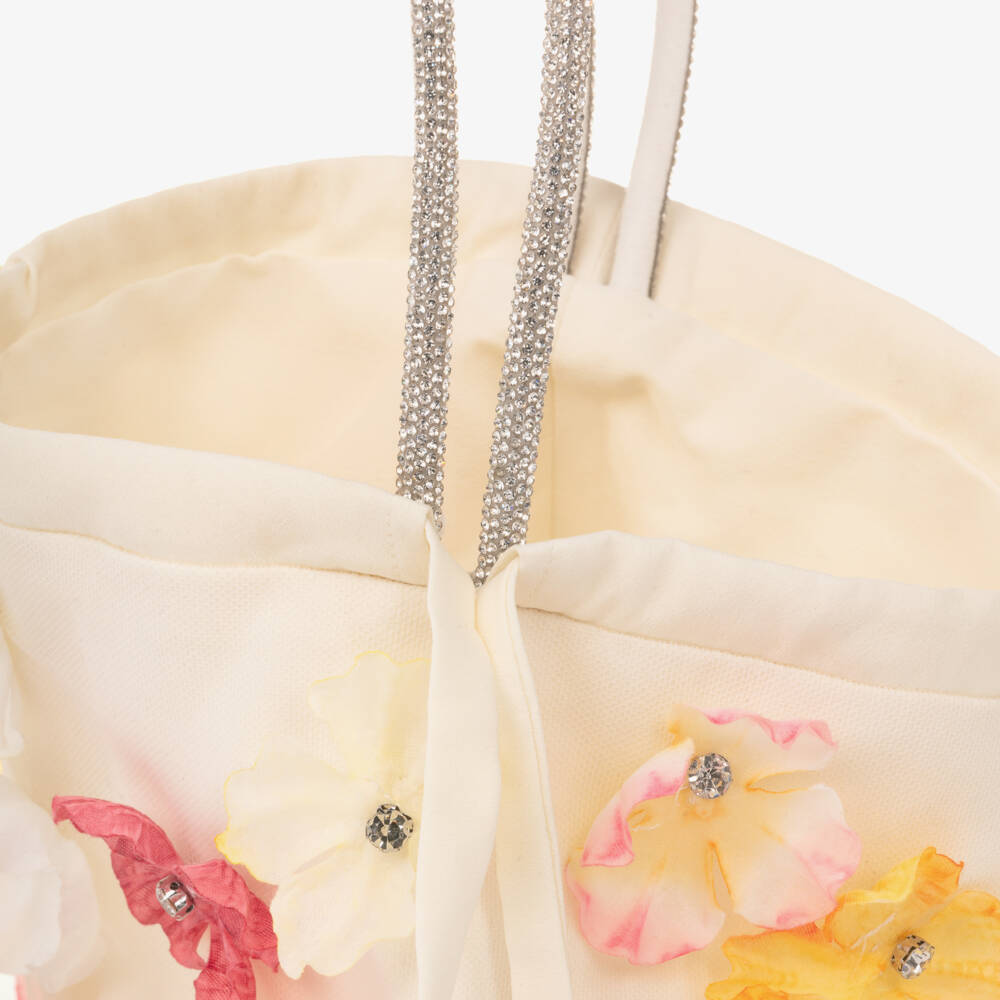 EIRENE-Girls Ivory Floral Handbag with Diamanté Handle (21cm) | Childrensalon