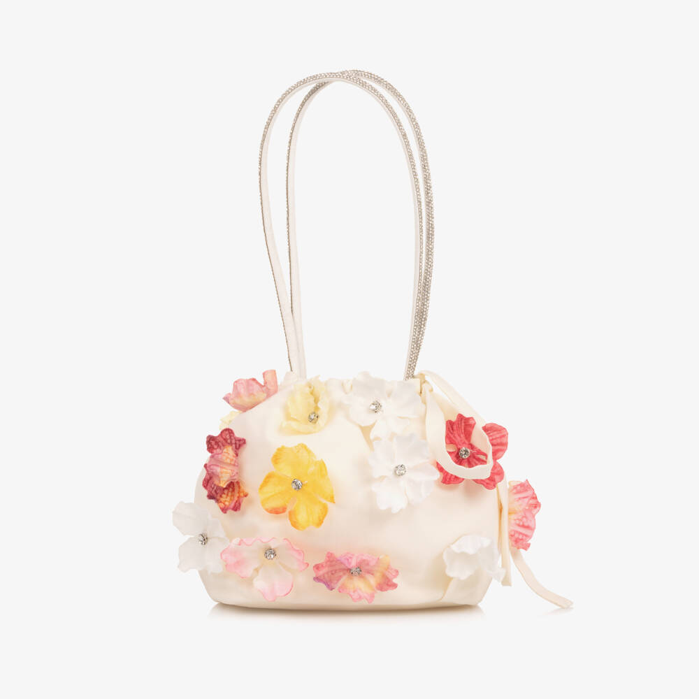 EIRENE-Girls Ivory Floral Handbag with Diamanté Handle (21cm) | Childrensalon