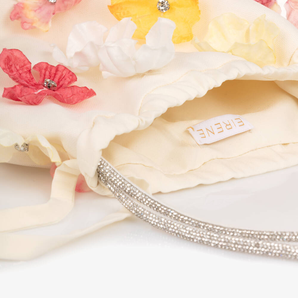 EIRENE-Girls Ivory Floral Handbag with Diamanté Handle (21cm) | Childrensalon