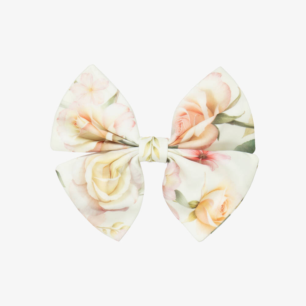 EIRENE-Girls Ivory Floral Pattern Bow Hair Clip (17cm) | Childrensalon