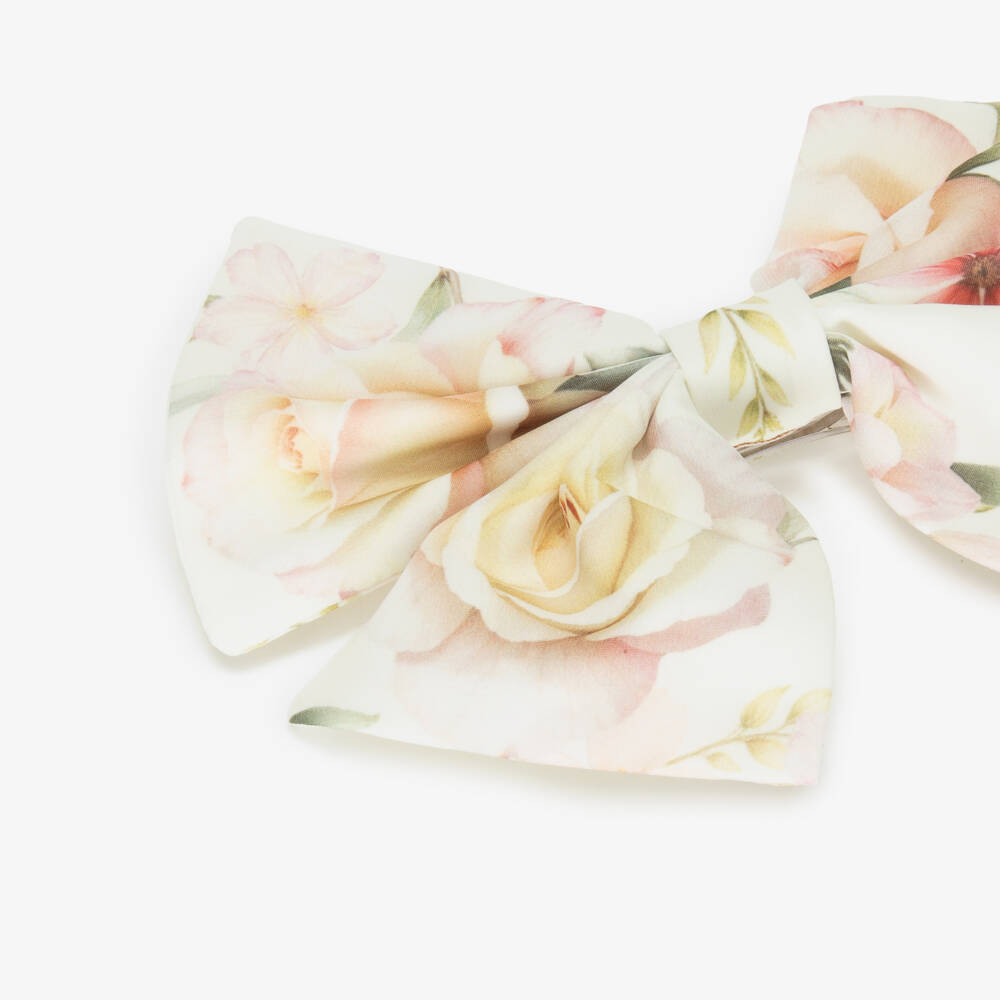 EIRENE-Girls Ivory Floral Pattern Bow Hair Clip (17cm) | Childrensalon
