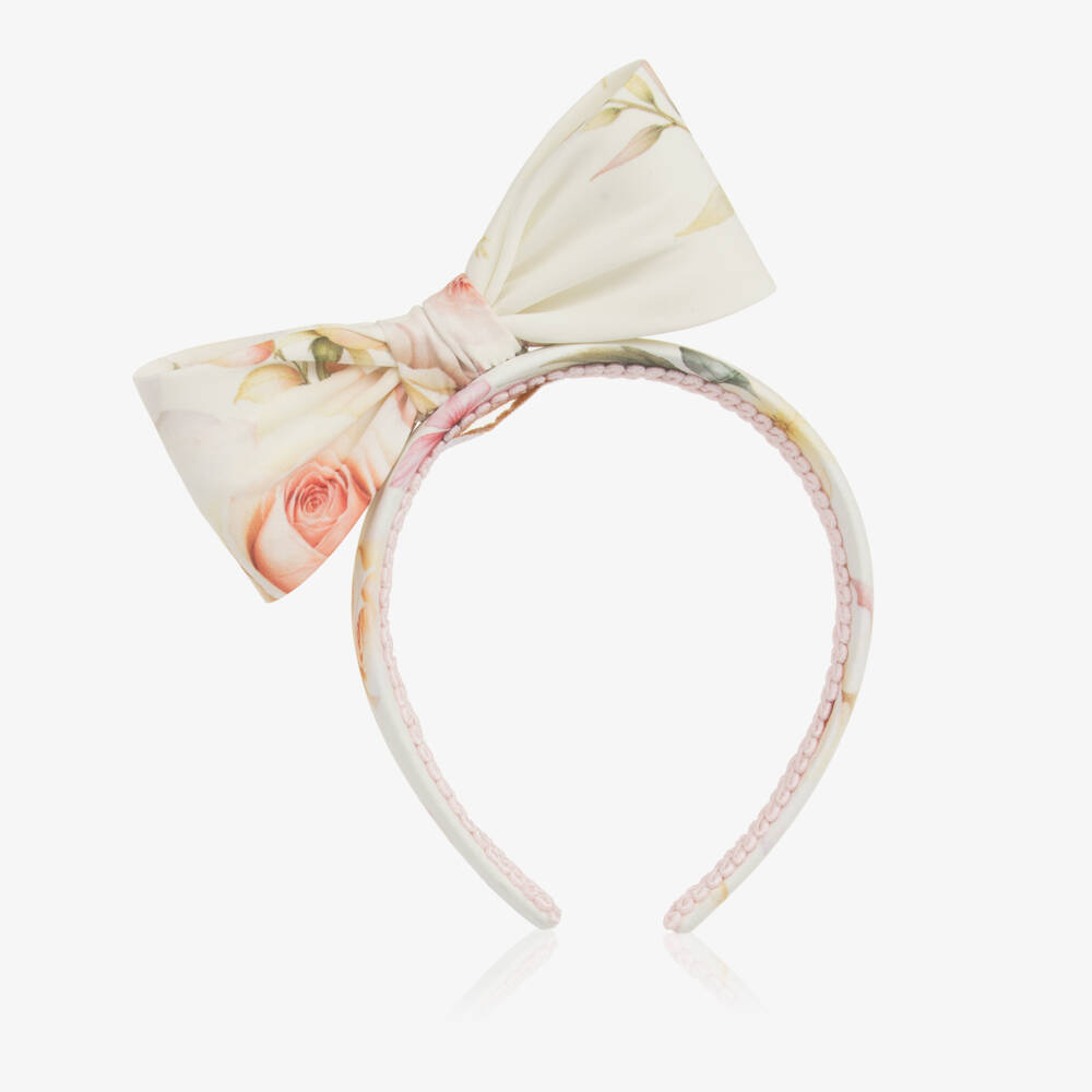 EIRENE-Girls Ivory Floral Patterned Bow Hairband | Childrensalon
