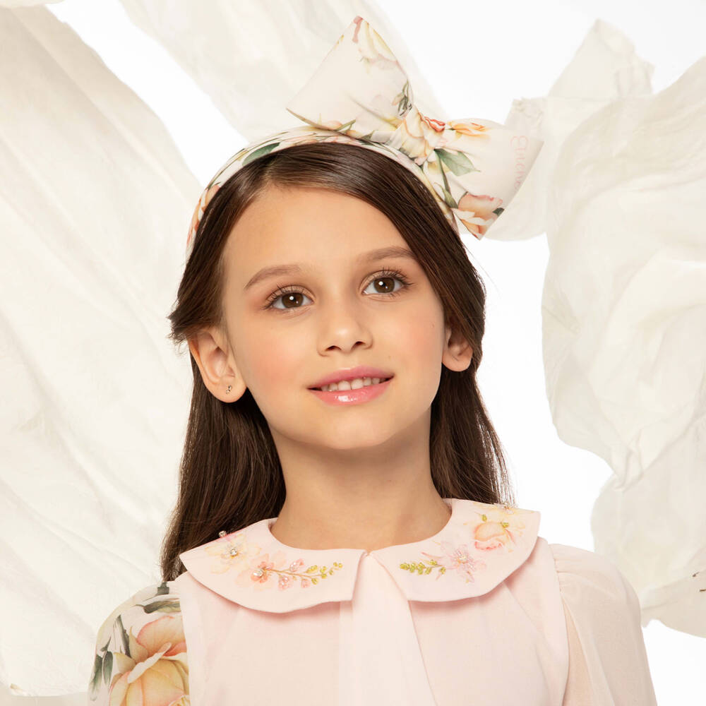 EIRENE-Girls Ivory Floral Patterned Bow Hairband | Childrensalon