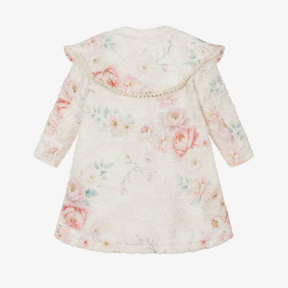 EIRENE-Girls Ivory Floral Print Collarless Long Coat  | Childrensalon