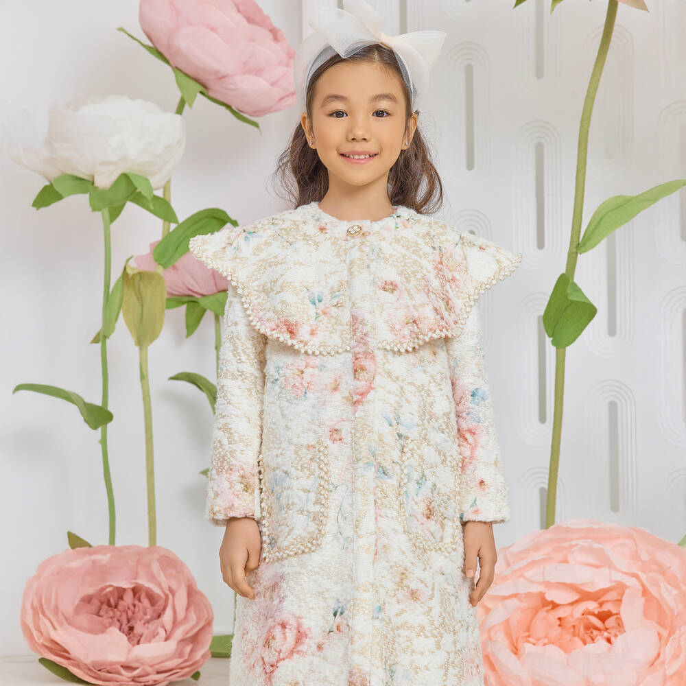EIRENE-Girls Ivory Floral Print Collarless Long Coat  | Childrensalon