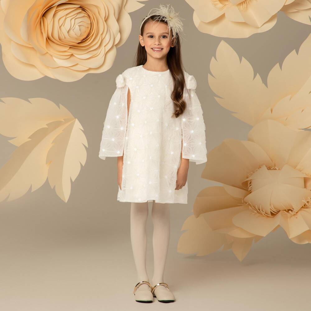 EIRENE-Girls Ivory Floral Tulle Dress with Sequins | Childrensalon
